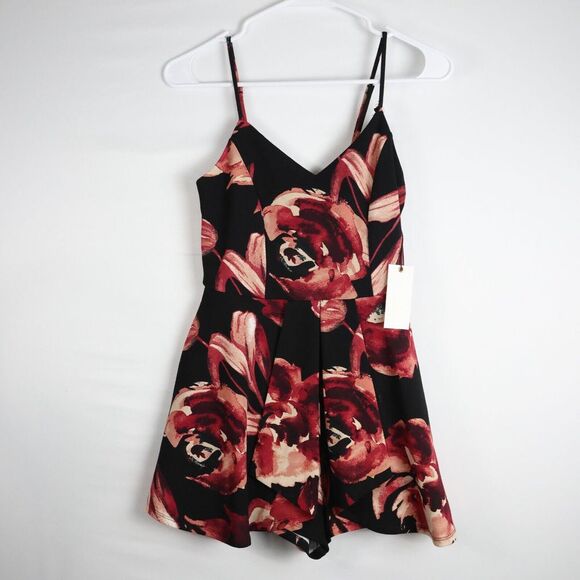 Active USA Red/Black Floral Romper Womens Size Small NWT Spaghetti Strap Pull On - Picture 1 of 5
